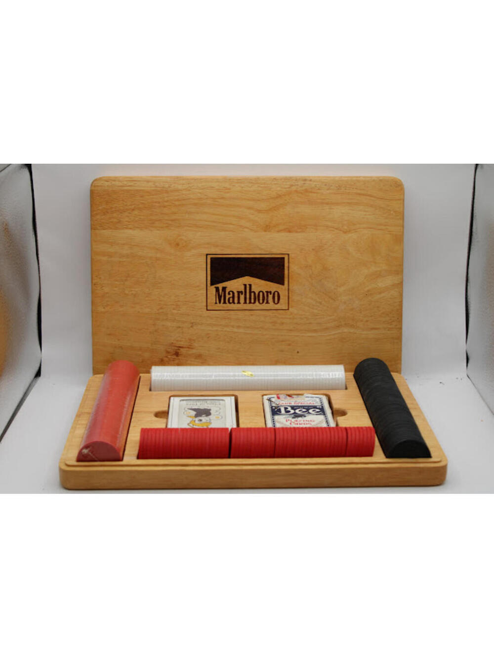 Vintage Marlboro Wooden Poker Chip Set with Playing Cards In Wooden Box